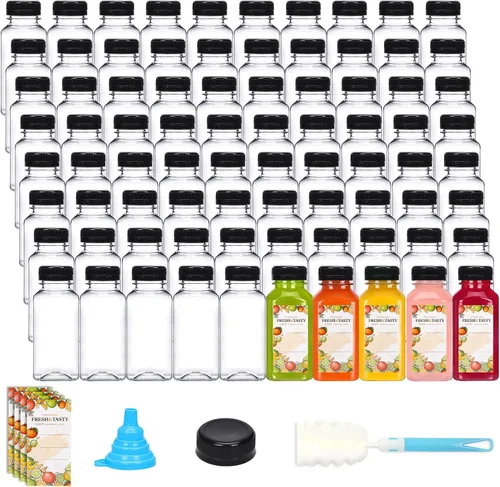 Vista 9 de TOMNK 12 botellas de plástico de 2 onzas con tapas, recipientes reutilizables transparentes a granel para bebidas de jengibre shot, jugo, leche