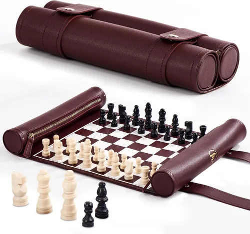 Vista 8 de Juego de ajedrez enrollable, tapete de ajedrez plegable de cuero de 11 pulgadas con piezas de ajedrez de madera, juego de ajedrez de viaje portátil