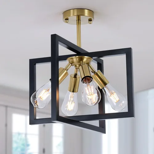 Vista 9 de Lámpara de techo industrial semiempotrada, lámpara de techo negra vintage de 3 luces con enchufe ajustable, lámpara rústica de metal para cocina