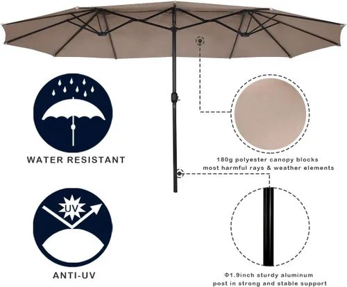 Vista 7 de Tangkula Sombrilla de patio de 15 pies de doble cara para mesa de mercado al aire libre con manivela (beige)