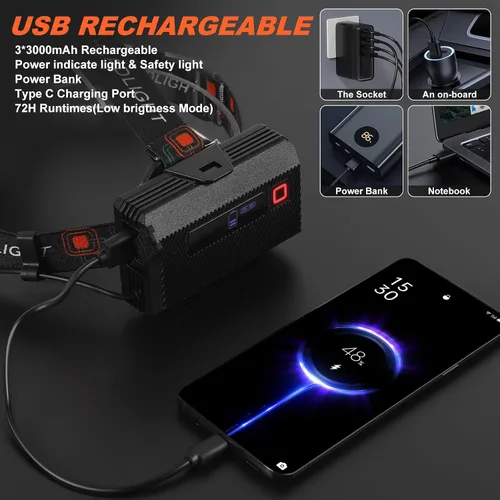 Vista 4 de Linterna frontal LED recargable, 3000 lúmenes, potencia de batería, 9 modos, batería de larga duración de 72 horas, sensor de movimiento, luz roja