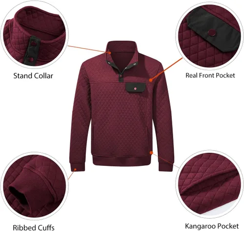 Vista 3 de JMIERR Sudadera acolchada para hombre, casual, de manga larga, cuello alto, con botones