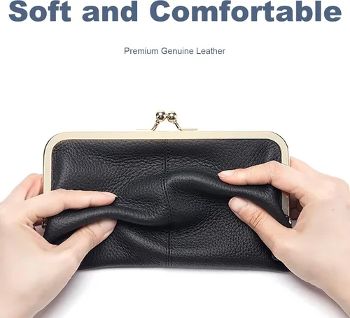 Vista 3 de Vintage Kiss Lock Cartera de cuero genuino para las mujeres múltiples ranuras para tarjetas de viaje bolso de embrague, Negro -, Vintage