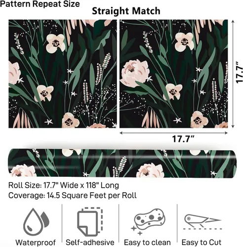 Vista 8 de VaryPaper Papel tapiz floral negro, verde y rosa, de 17.7 x 118 pulgadas, papel tapiz autoadhesivo de vinilo, papel de contacto floral decorativo