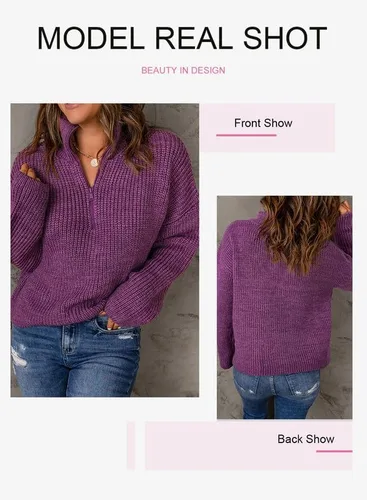 Vista 6 de EVALESS Suéteres con cremallera de un cuarto para mujer, suéter de manga larga Waffle Kint, trajes casuales de negocios