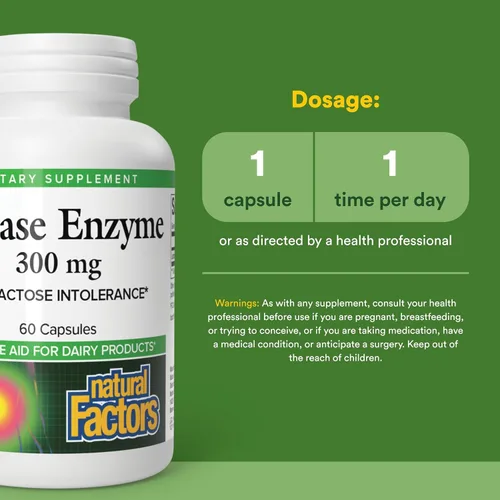 Vista 3 de Natural Factors Enzima lactasa 300 mg, soporte para la digestión láctea*, 60 cápsulas