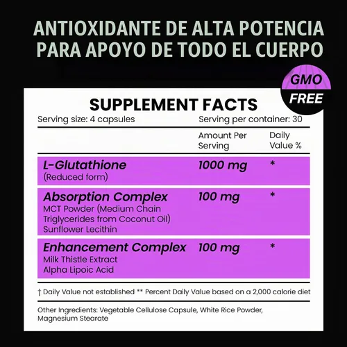 Vista 2 de VitaRaw 1000 mg de glutatión para apoyo inmunológico - Complejo de absorción de 100 mg - Suplemento de glutatión liposomal reducido con ácido alfa