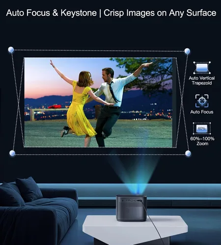 Vista 6 de Miroir Mini proyector, proyector HD para el hogar con altavoz incorporado, enfoque automático, corrección trapezoidal, portátil para películas al