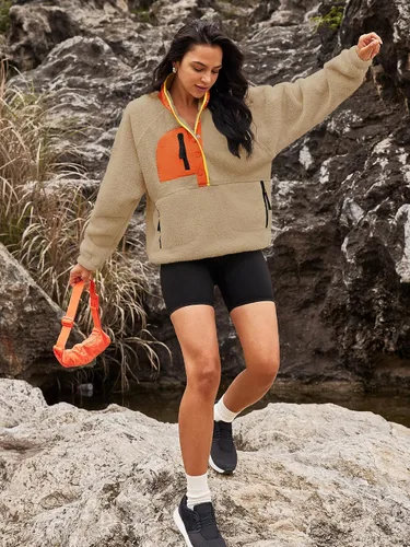Vista 4 de Nirovien - Chaqueta de forro polar con capucha para mujer, manga larga, sherpa, sudadera mullida, abrigada, con botones y bolsillos Un rosa