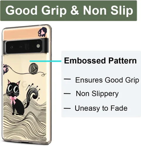 Vista 3 de Unov Funda para Pixel 6 Pro, funda transparente con diseño en relieve, gato Gato negro