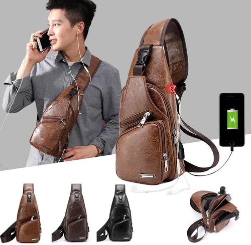 Vista 2 de Bolso de carga USB para hombre, bolso de pecho para hombre, bolso de hombro de PVC PU personalizado, paquete diagonal, bolsa de viaje de mensajero
