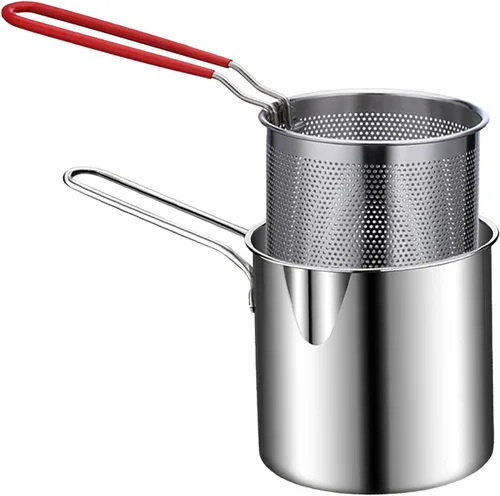Vista 3 de Olla de acero inoxidable con cesta de freír de mango largo, olla de cocina para papas fritas, pollo, tempura japonesa