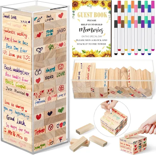 Vista 12 de Beeveer 80 piezas Libro de invitados para boda alternativo en bloque de madera para cartel de boda, decoración de despedida de soltera, 54 piezas
