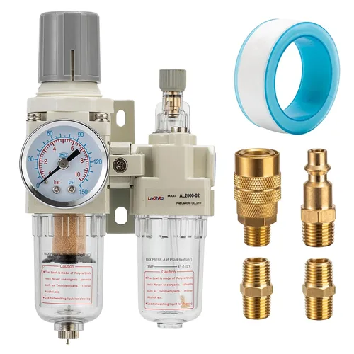 Vista 9 de Regulador de presión de aire con medidor de presión (0-150PSI), separador de agua para compresor de aire, drenaje automático, interfaz roscada 1/2