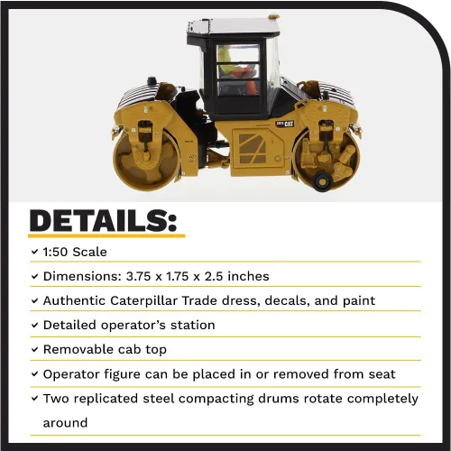 Vista 4 de Diecast Masters Compactador vibratorio Caterpillar CB-13 a escala 1:50 con cabina cerrada Camiones Cat Series High Line y equipos de construcción