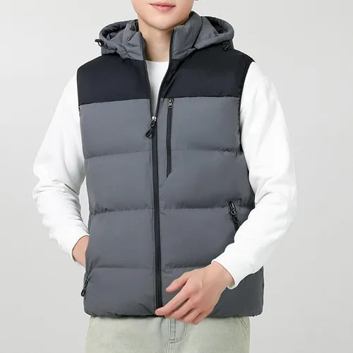 Vista 2 de Chaleco de invierno para hombre, acolchado, sin mangas, con capucha extraíble, informal, con cremallera y cálido.