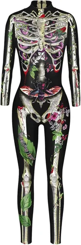 Vista 3 de Fixmatti Disfraz de fiesta de Halloween para mujer, traje de manga larga con estampado de calavera