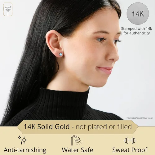 Vista 2 de MAX + STONE Aretes redondos de oro de 14 quilates, piedra natal de 0.236 pulgadas, piedras preciosas de oro real para mujer