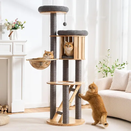 Vista 11 de HITTITE Moderna torre de árbol para gatos con poste rascador, torres para gatos de 46 pulgadas de alto con nidos y cueva tejidos, árbol para gatos