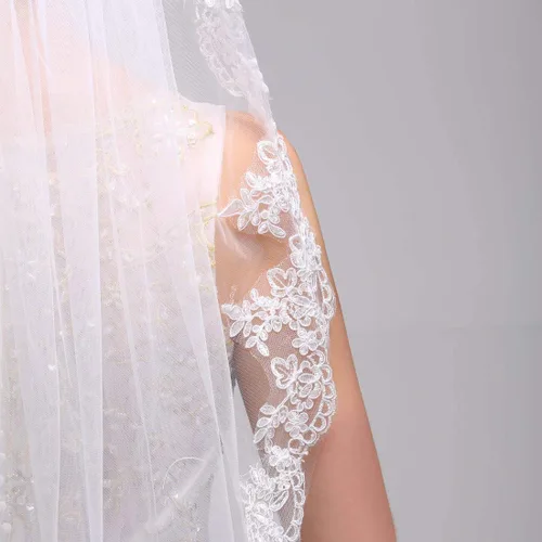 Vista 3 de Ursumy Velo corto de novia con borde de encaje velo suave de tul con peine marfil