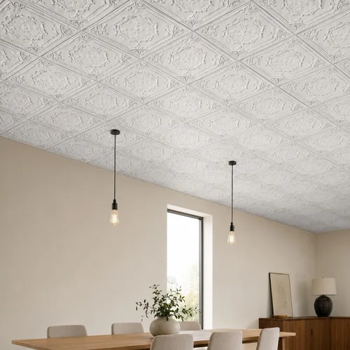 Vista 18 de De normal a hermoso en horas DCT04 Elizabethan Shield - Azulejos de PVC para techo de 2 x 2 pies (cubre 100 pies cuadrados), blanco negro antiguo