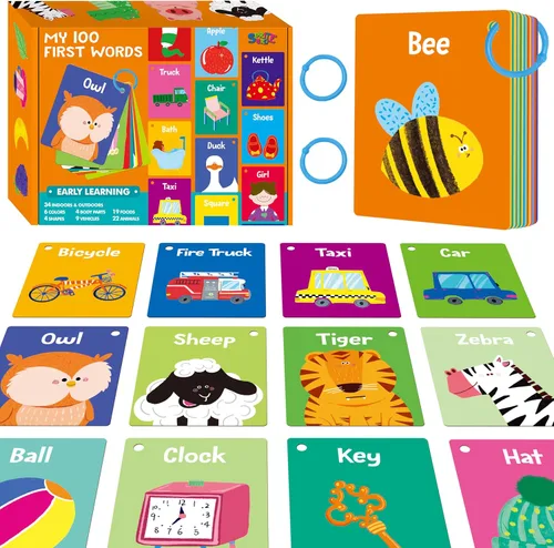 Vista 8 de 110 PCS Tarjetas de Aprendizaje Temprano, Tarjetas de Doble Cara - Alfabeto, Números, Alimentos, Animales, Formas, Colores, Objetos del Hogar con 4