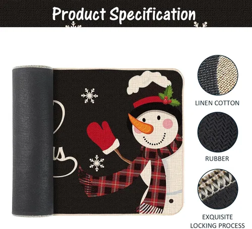 Vista 3 de Tatuo Tapete decorativo para puerta de Navidad, tapete de cocina, tapete decorativo de invierno, muñeco de nieve, tapete de bienvenida, Negro