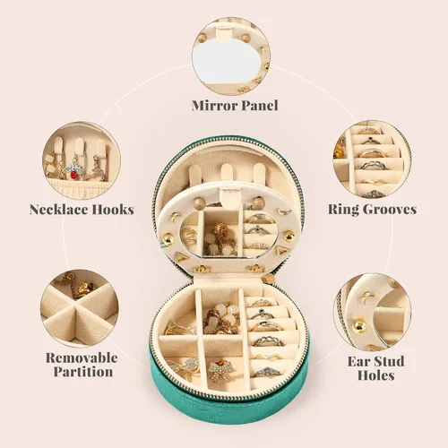 Vista 4 de Dajasan Joyero de terciopelo, mini estuche de joyería de viaje, pequeña caja organizadora de joyas de viaje portátil con espejo para mujeres y niñas