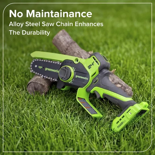 Vista 9 de Greenworks Mini motosierra sin escobillas de 24 V y 4 pies (engrasador automático, tensión sin herramientas, ultraligera), batería y cargador