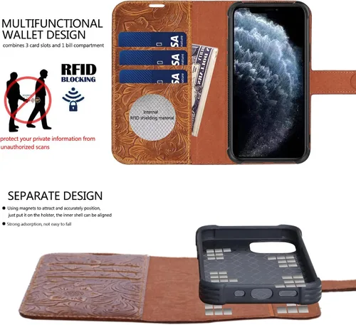 Vista 4 de Funda de cuero compatible con iPhone 13 Pro Wallet de 6.1 pulgadas, piel auténtica 2 en 1, magnética, desmontable, a prueba de golpes, funda