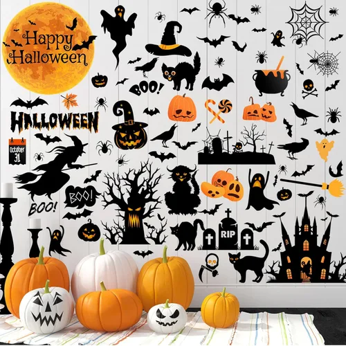Vista 4 de Haull 6 hojas de calcomanías de pared de Halloween, calcomanías de pared reutilizables para ventana de Halloween, acuarela, bruja, murciélagos