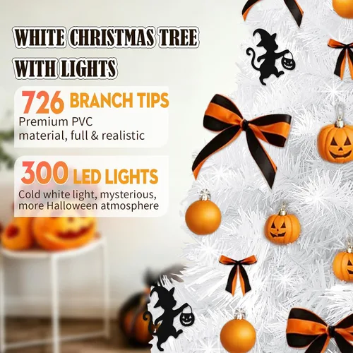 Vista 4 de Árbol de Navidad artificial preiluminado de 6 pies, color blanco 300 luces LED blancas, 726 puntas de PVC, soporte de metal, fácil montaje