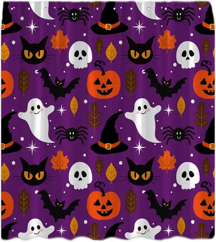 Vista 12 de Cortina de ducha azul de Halloween, linda cortina de baño de fantasma, terror, calabaza, espeluznante, gato negro, calavera aterradora, murciélago