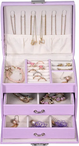 Vista 7 de BEWISHOME Caja de joyería para adolescentes caja organizadora de joyas de 3 capas con cerradura estuche de viaje de joyería para mujeres y niñas