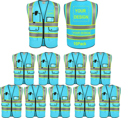 Vista 23 de Chaleco Reflectante Clase 2 de Seguridad ANSI con Bolsillos y Cremallera de Alta Visibilidad Uniforme de Construcción K-verde-1pack-custom
