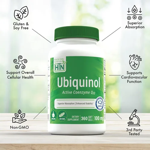 Vista 3 de Health Thru Nutrition Ubiquinol 100 mg 360 cápsulas blandas como Kaneka QH reducido CoQ-10 Estabilizado - Probado por terceros Biodisponibilidad
