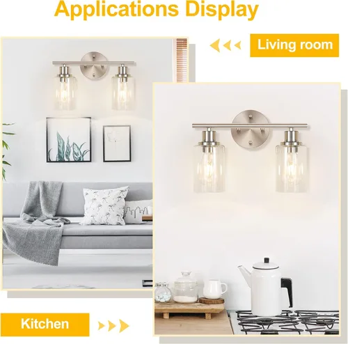 Vista 2 de Lámpara de pared de 2 luces, luz de tocador de baño sobre espejo Wall Sconce Light Fixture with Clear Glass Shade Brushed Nickel Modern Metal Wall