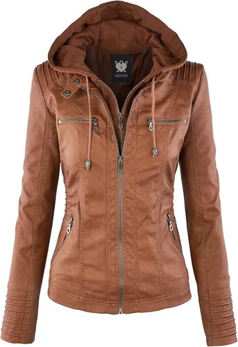 Vista 22 de Lock and Love Chaqueta Abrigo de Moto Motociclista de Piel Sintética para Mujer con Capucha Extraíble o No Extraíble Wjc1044_negro
