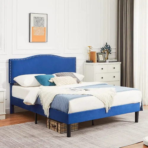 Vista 5 de VECELO Base de cama tamaño Queen, base de cama de plataforma con cabecera tapizada de altura ajustable, marcos resistentes y fuerte soporte