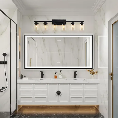 Vista 7 de 6 Luces de Tocador de Baño de Negro Mate con Vidrio Transparente y Base de Metal, Luces de Tocador Negras para Baño Sobre Espejo