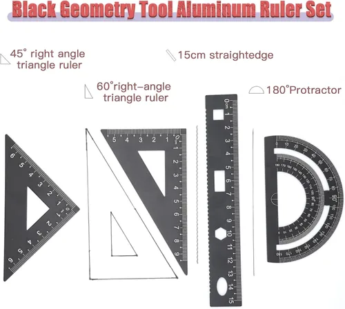 Vista 2 de Paquete de 4 herramientas de geometría matemática de metal negro de aleación de aluminio recto, transportador de regla triangular, herramientas