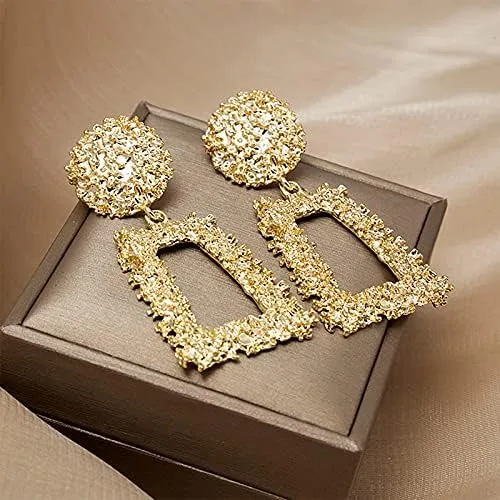 Vista 4 de Pendientes colgantes geométricos rectangulares dorados para mujer, aretes colgantes de metal grande para adolescentes y niñas (rosa), Cobre, otro