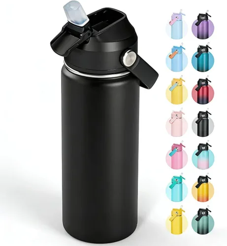 Vista 27 de Fijinhom Botella de agua aislada de acero inoxidable de 18 oz, de boca ancha, de doble pared, con vacío, con pajita de silicona, a prueba de sudor