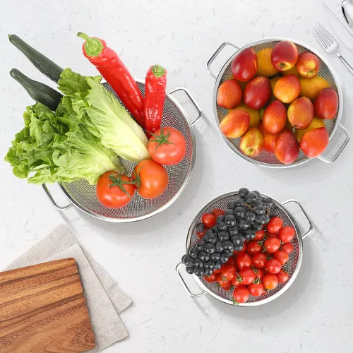 Vista 5 de Colador para cocina, 3QT, colador filtro de acero inoxidable con asa para frutas, verduras, cocinar alimentos, apto para lavavajillas