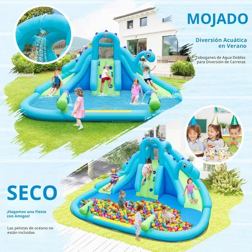 Vista 2 de BOUNTECH Parque inflable de tobogán acuático con dinosaurio, parque acuático de toboganes dobles con pared de escalada, castillo animoso