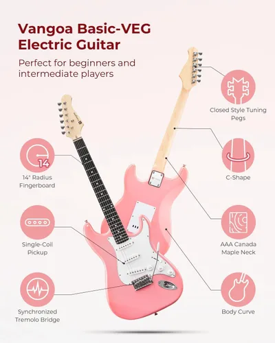 Vista 3 de Vangoa - Kit de guitarra eléctrica de tamaño completo de 39 pulgadas para principiantes, cuerpo sólido, color rosa, con pastillas SSS, amplificador