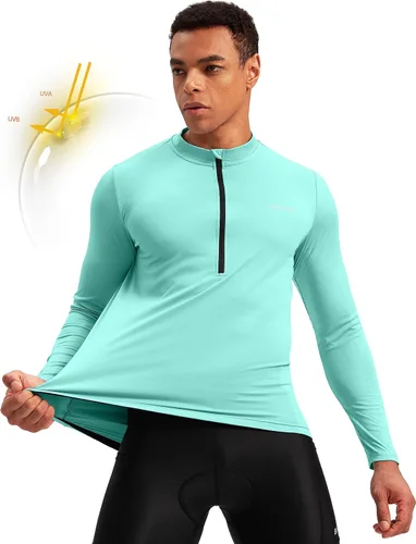 Vista 2 de Bikewa Maillot de ciclismo para hombre con 3+1 bolsillos traseros con cremallera, manga larga, absorción de humedad, UPF 50+ media cremallera