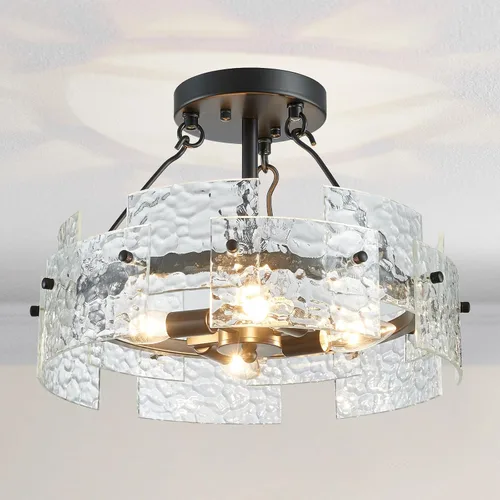 Vista 12 de XINGQI - Lámpara moderna de techo dorado de 16 pulgadas, 4 luces de techo de vidrio ondulado de agua para dormitorio, comedor, sala de estar 15.7