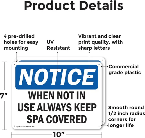 Vista 2 de Letrero de plástico de 10 x 7 pulgadas, con texto en inglés "When Not In Use Always Keep Spa Covered", de 10 x 7 pulgadas, resistente a