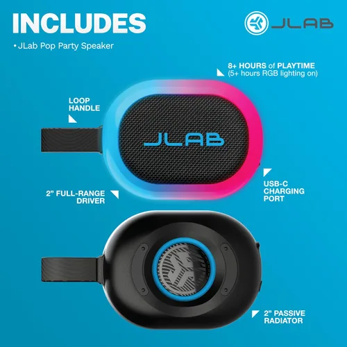 Vista 8 de JLab, Partido pop, altavoz Bluetooth portátil, impermeable IP55, LED RGB personalizable, negro